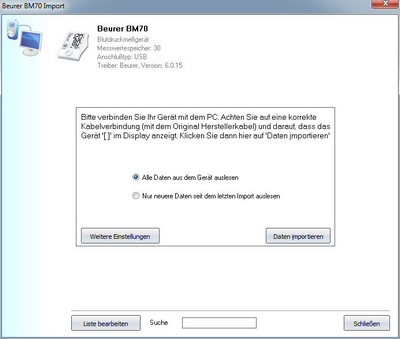 Datenübernahme vom Beurer BM70 ins Diabetes-Tagebuch